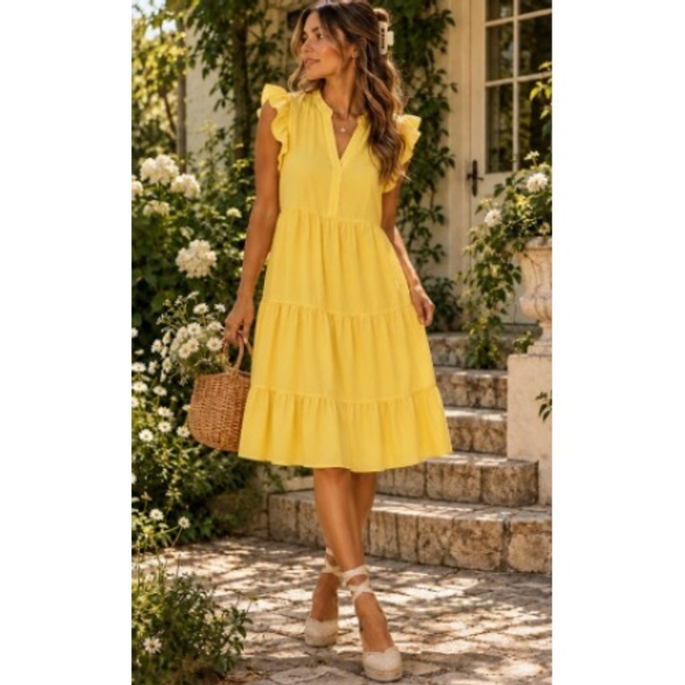 entro Yellow Tiered Ruffle Sleeve Midi Dress V Neck Boho Cottagecore Large